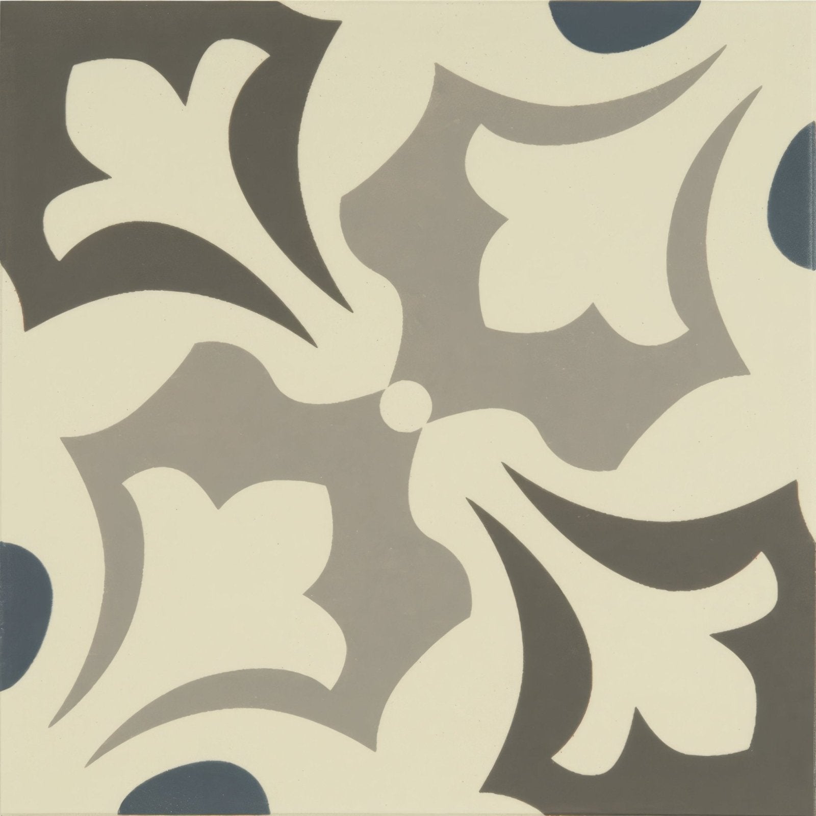 A square ceramic tile with a symmetrical floral pattern in cream gray and navy blue from rococo collection