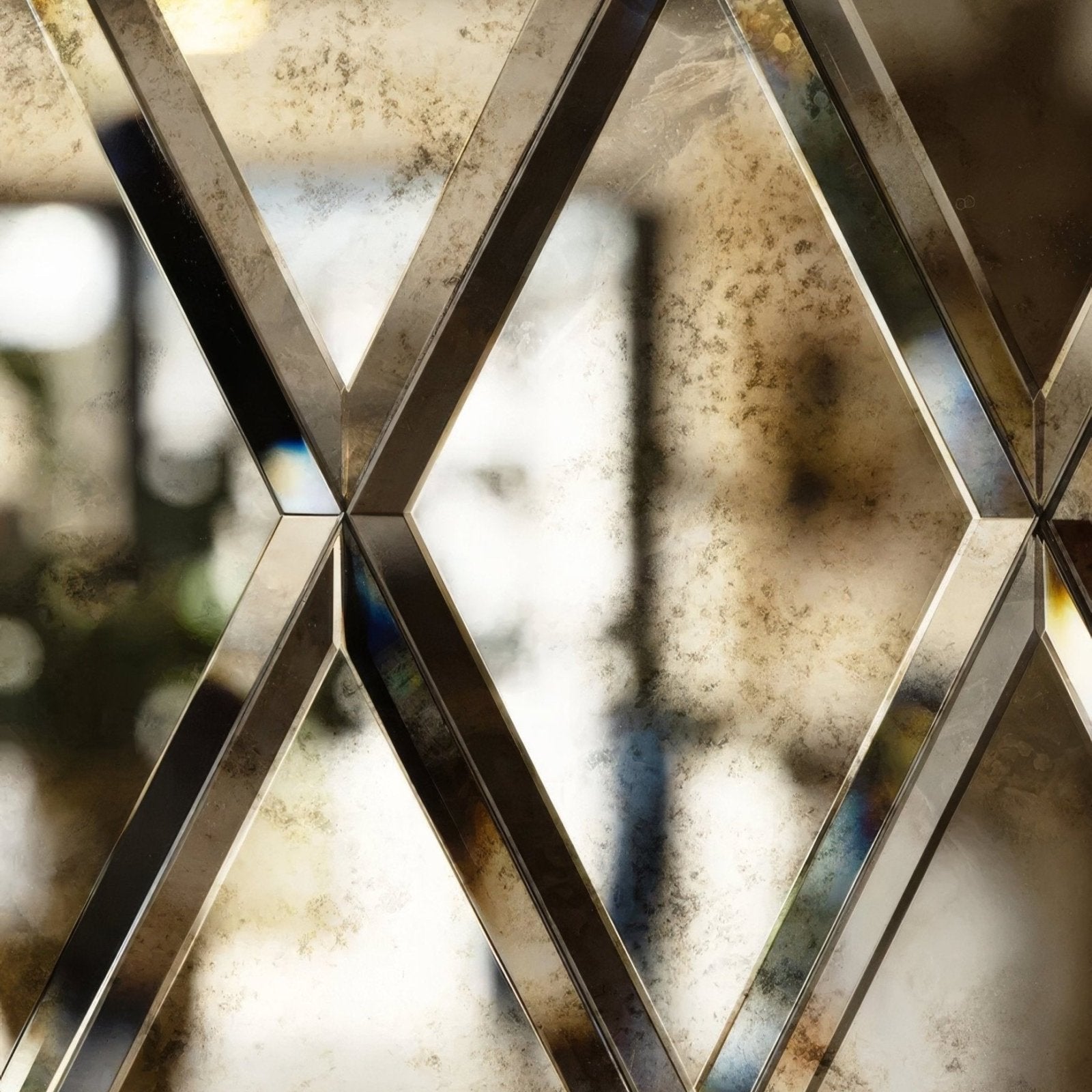 Rococo mirror diamond glass mercury with diamond-shaped mirrored tiles and vintage tarnished silver frame