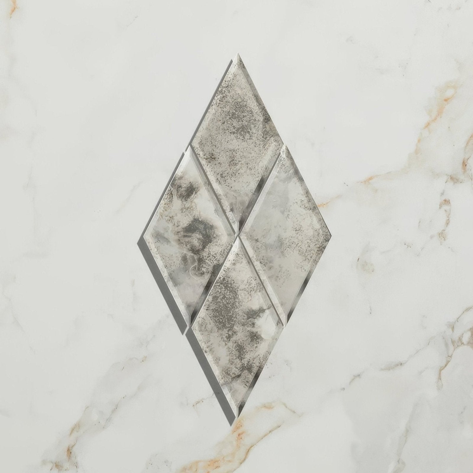 Silver-toned rococo mirror diamond glass mercury tile with textured cloudy gray finish for decorative use
