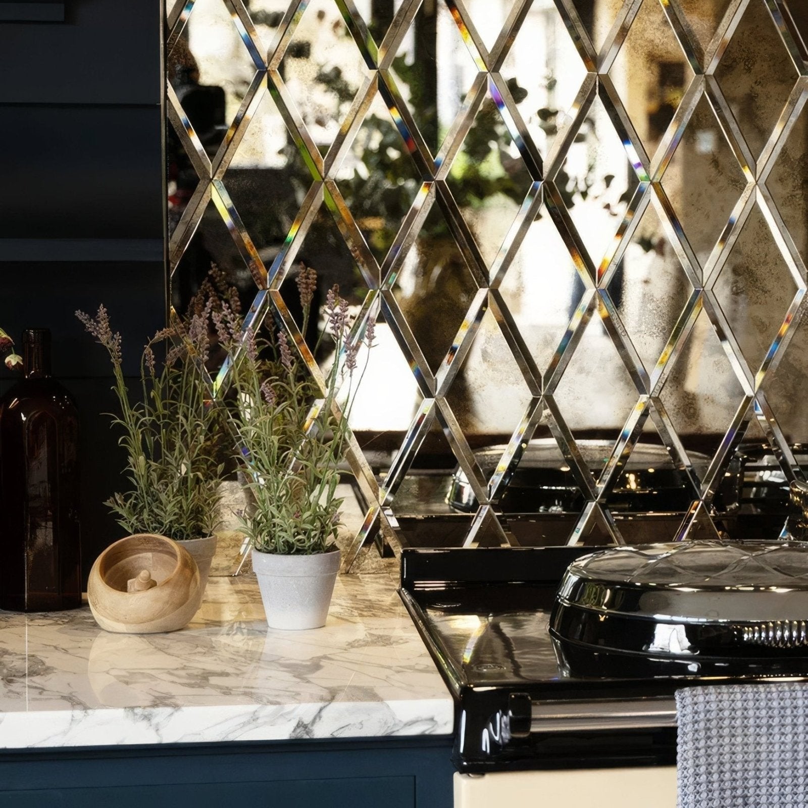 Shiny diamond-patterned mirrored backsplash tiles in silver glass mercury for decorative wall use
