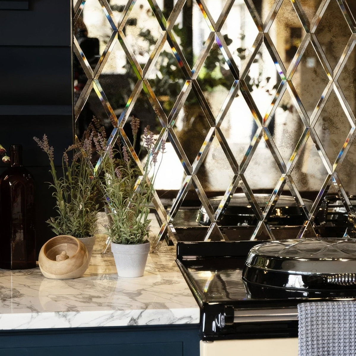 Shiny diamond-patterned mirrored backsplash tiles in silver glass mercury for decorative wall use