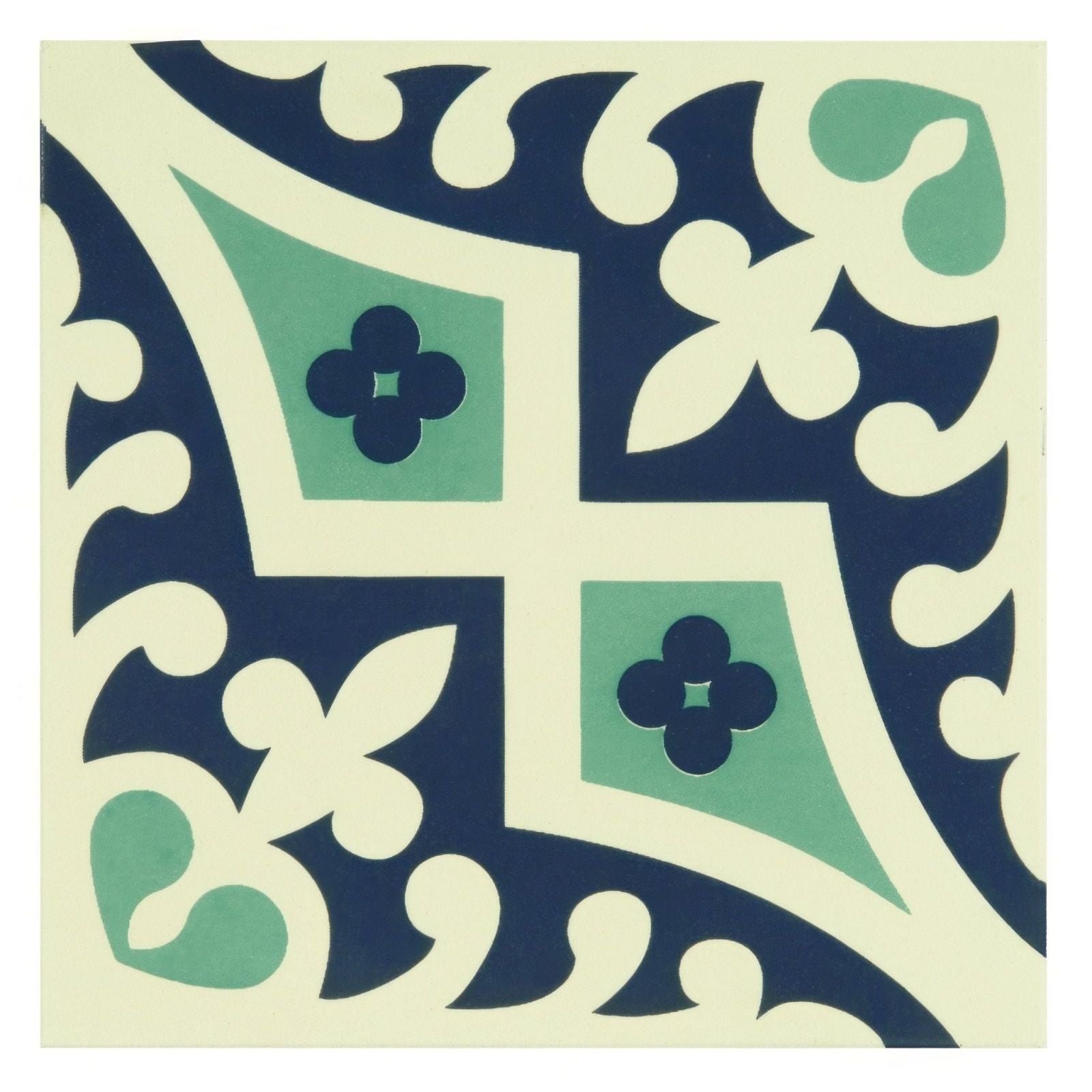 Square ceramic tile romanesque dark blue and dark jade with bold symmetrical pattern on off-white background