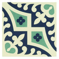 Square ceramic tile romanesque dark blue and dark jade with bold symmetrical pattern on off-white background