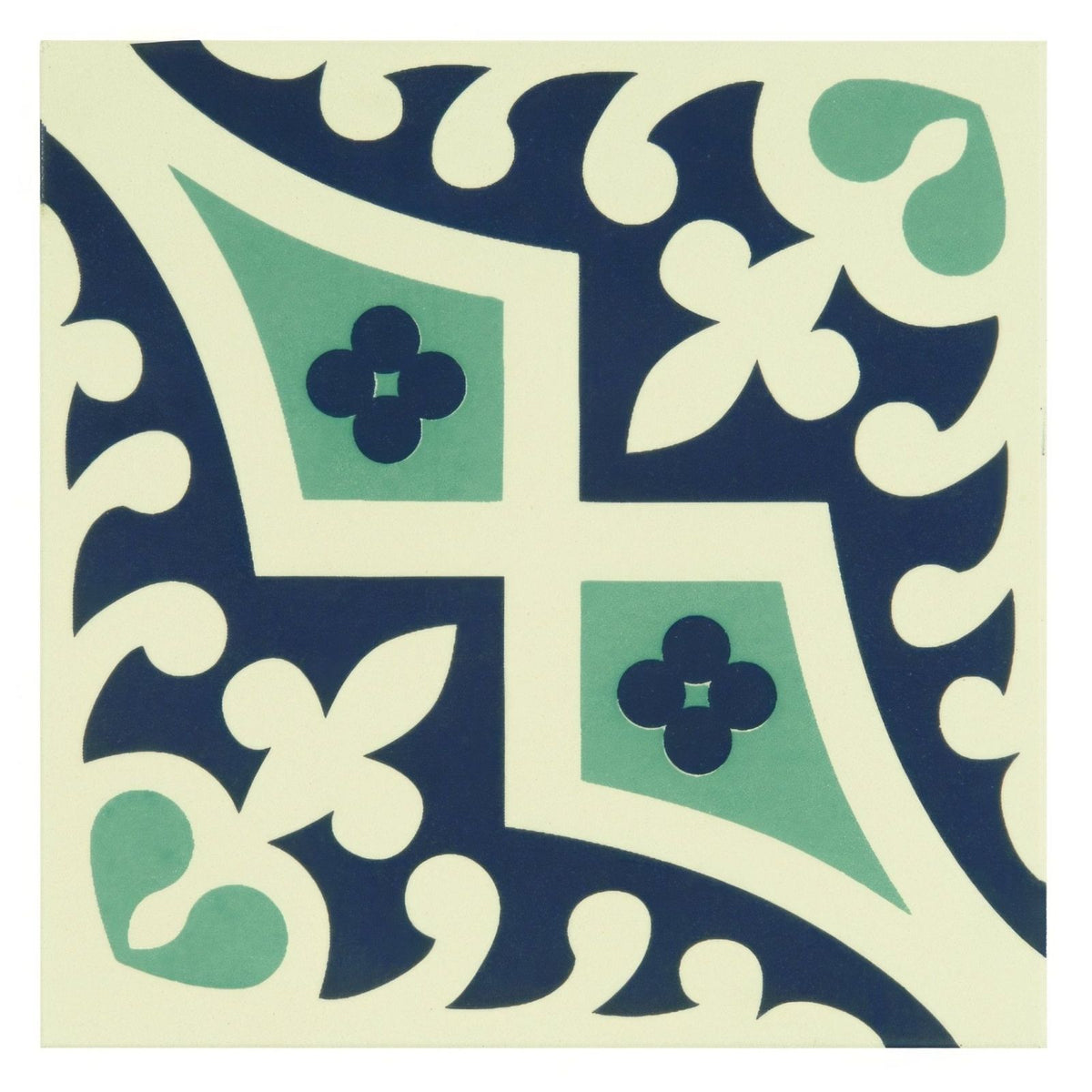 Square ceramic tile romanesque dark blue and dark jade with bold symmetrical pattern on off-white background