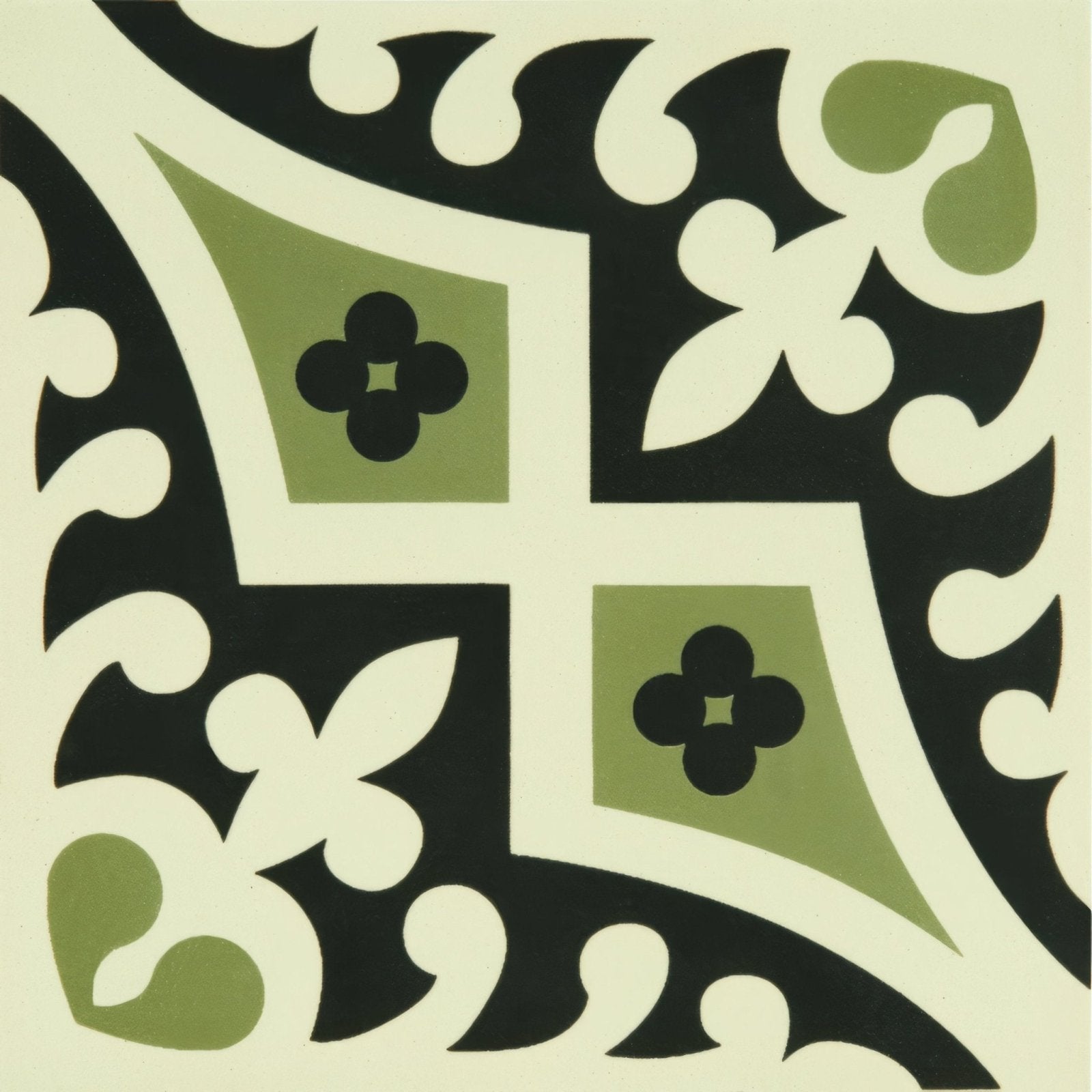 Roman romanesque dublin ornamental tile in olive green black and cream-colored accents for interior decor