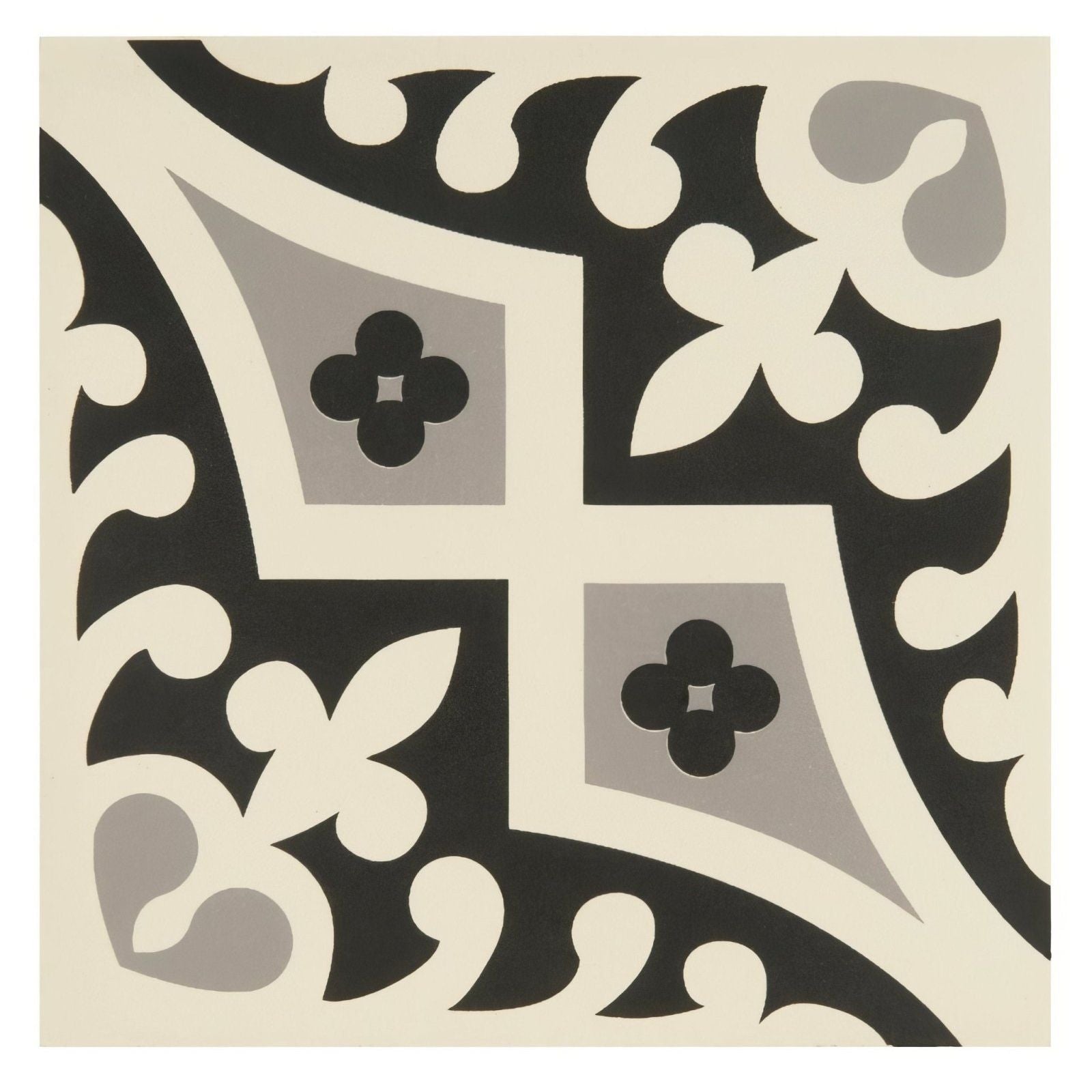 Black and cream vintage-style Romanesque light grey and black mosaic tile with intricate floral and geometric patterns