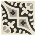 Black and cream vintage-style Romanesque light grey and black mosaic tile with intricate floral and geometric patterns