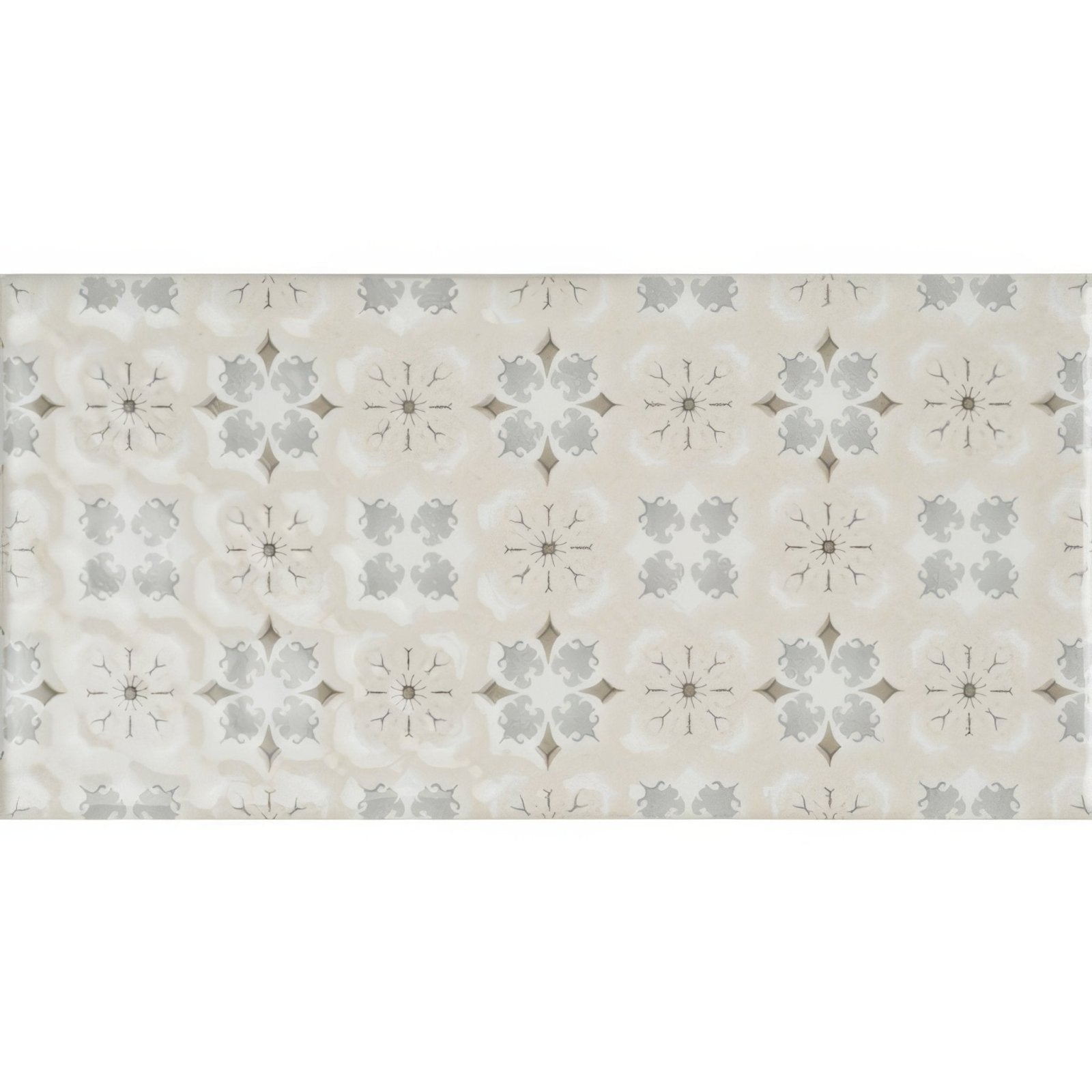 Beige rectangular rosemoor on helmingham vintage tile with gray and white repeating ornamental pattern
