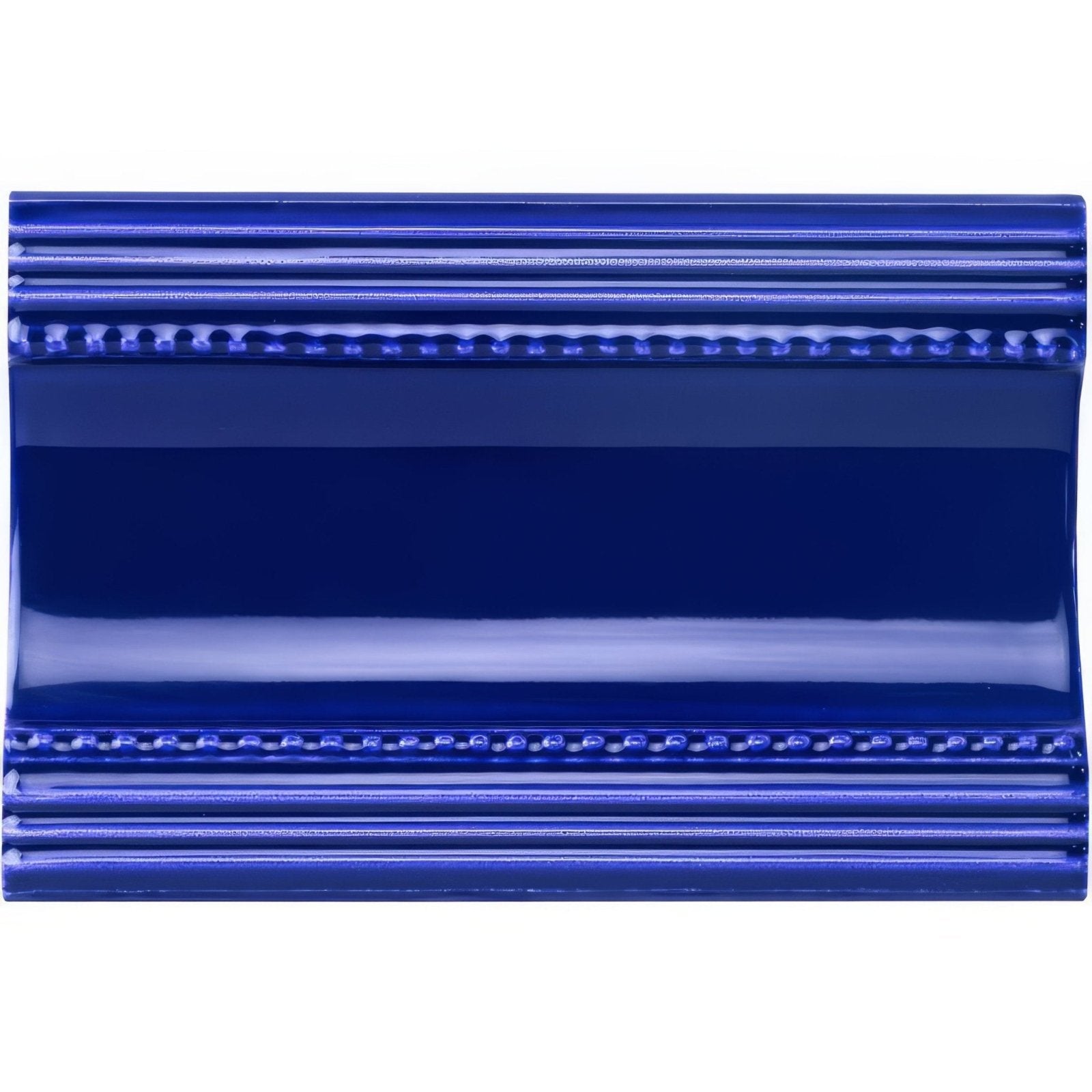 Royal blue plain cornice ceramic tile with vibrant cobalt blue glossy finish and decorative beaded molding edges