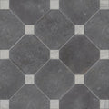 Dark gray octagonal royal mink limestone tiles with white marble inlays and tumbled finish forming geometric pattern