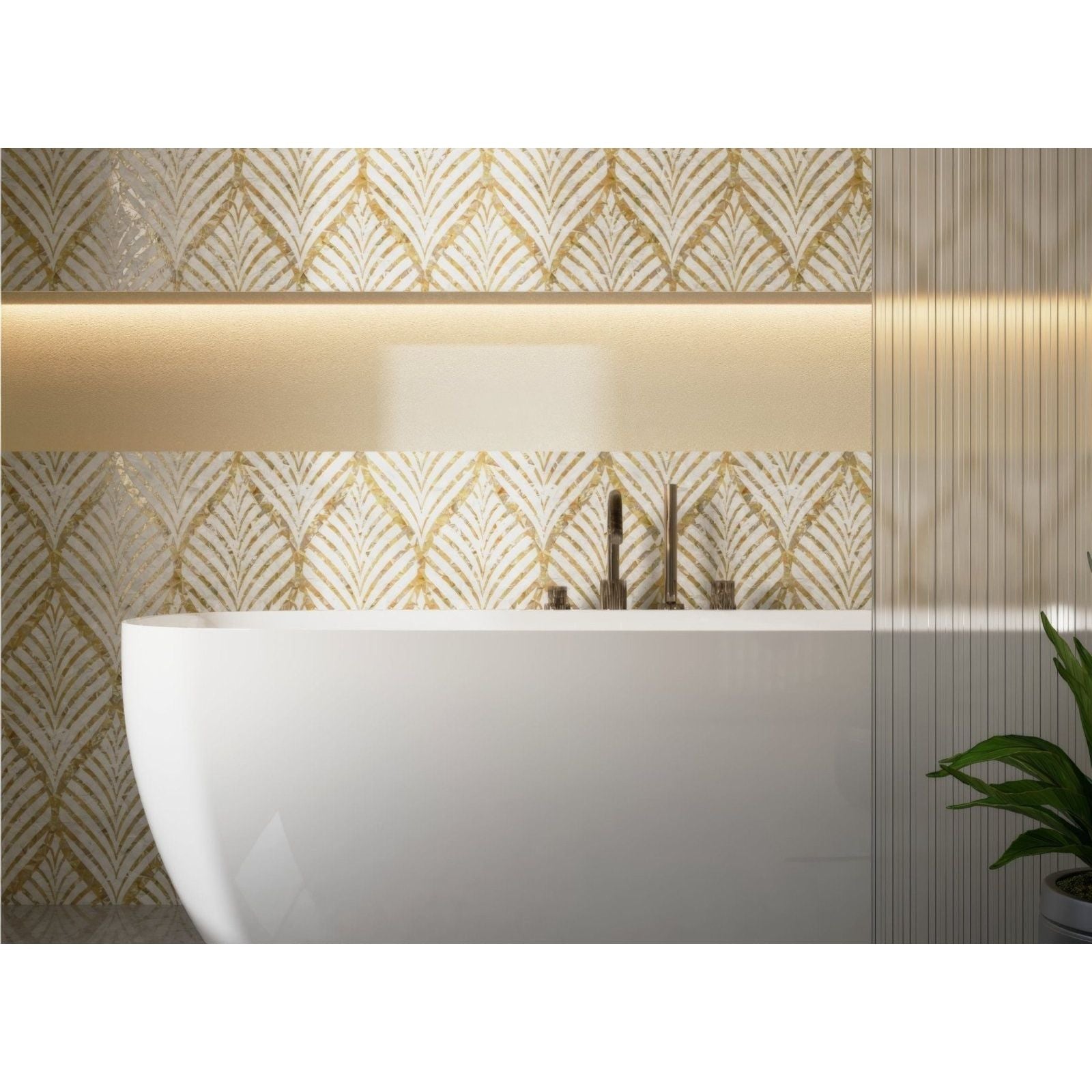 Royal Palm Golden Promise white and gold mother-of-pearl mosaic with a freestanding bathtub