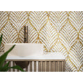 Royal Palm Golden Promise white and gold mother-of-pearl mosaic with a white vessel sink
