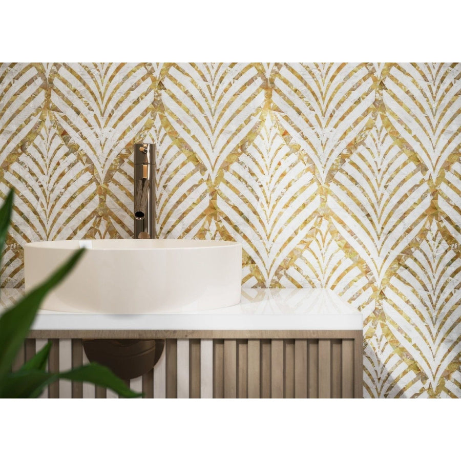 Royal Palm Golden Promise white and gold mother-of-pearl mosaic with a white vessel sink