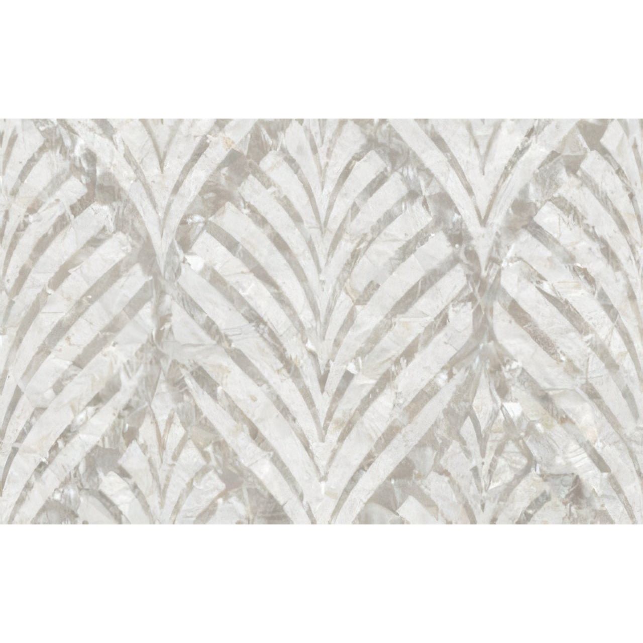 White and silver iridescent mosaic tile with a geometric fan pattern from the Royal Palm Innocence collection