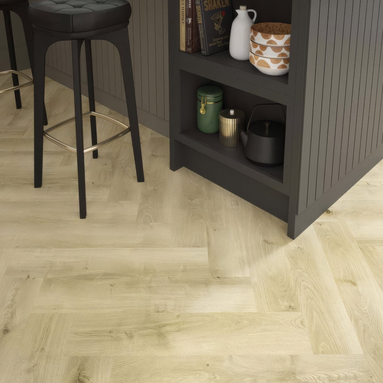 Light-colored natural oak wood-plank flooring arranged in a herringbone pattern for elegant interior spaces