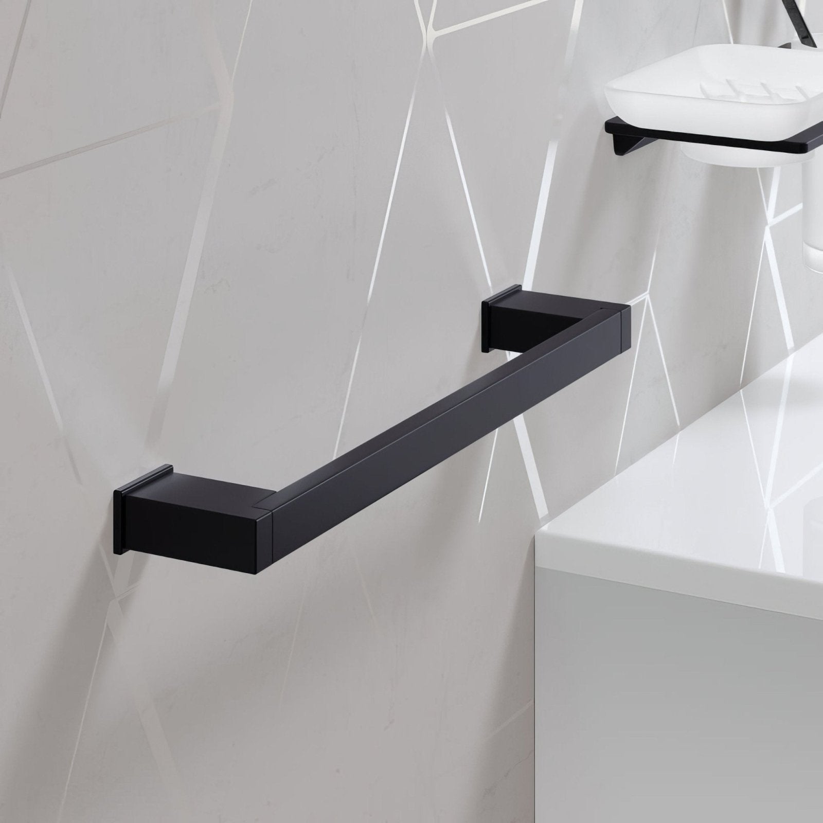 Black matte-finished metal towel rack with sleek rectangular design for bathroom use 35cm s cube towel rail