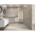 Modern beige sakai 1843 taupe ceramic tiles with subtle textured finish covering minimalist bathroom walls and floor