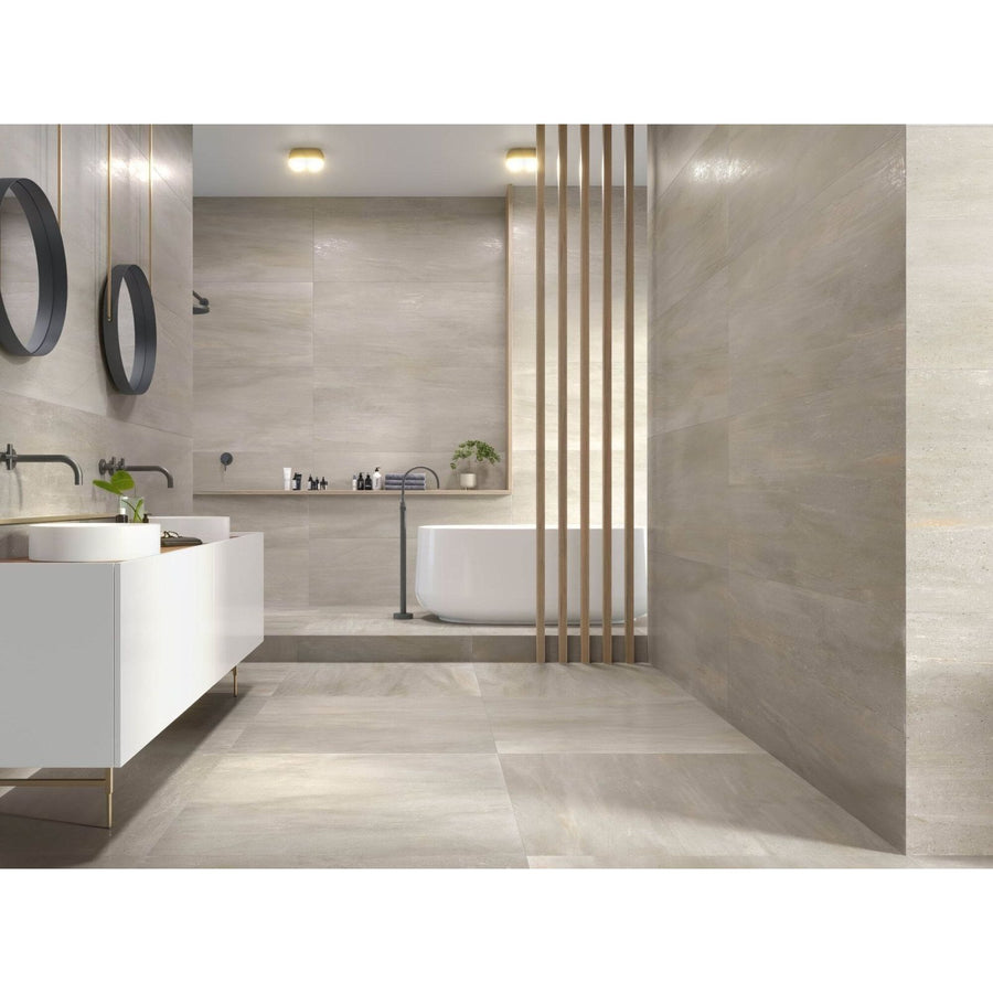 Modern beige sakai 1843 taupe ceramic tiles with subtle textured finish covering minimalist bathroom walls and floor