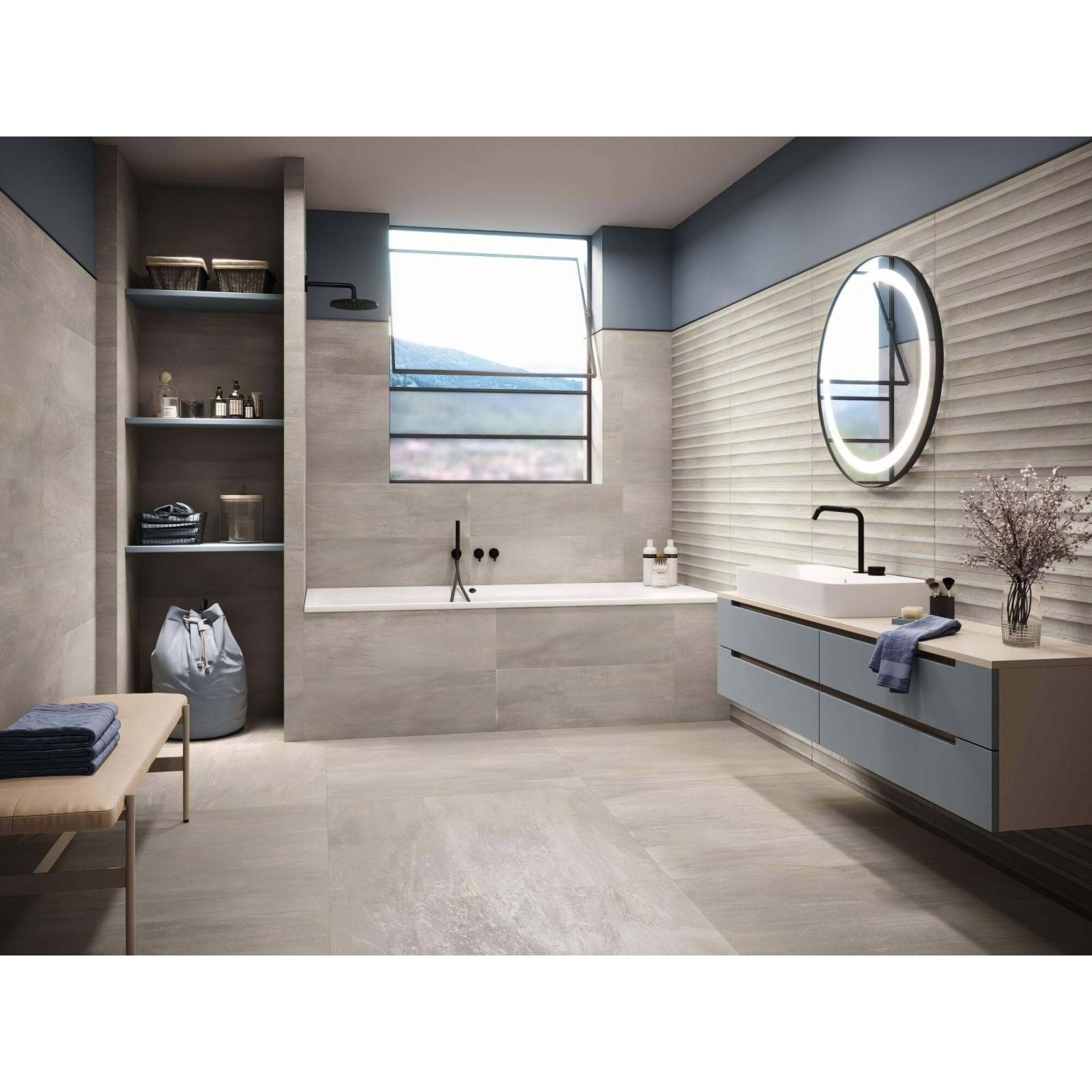 Modern gray taupe vanity with sleek drawers and white sink for contemporary bathroom storage and style