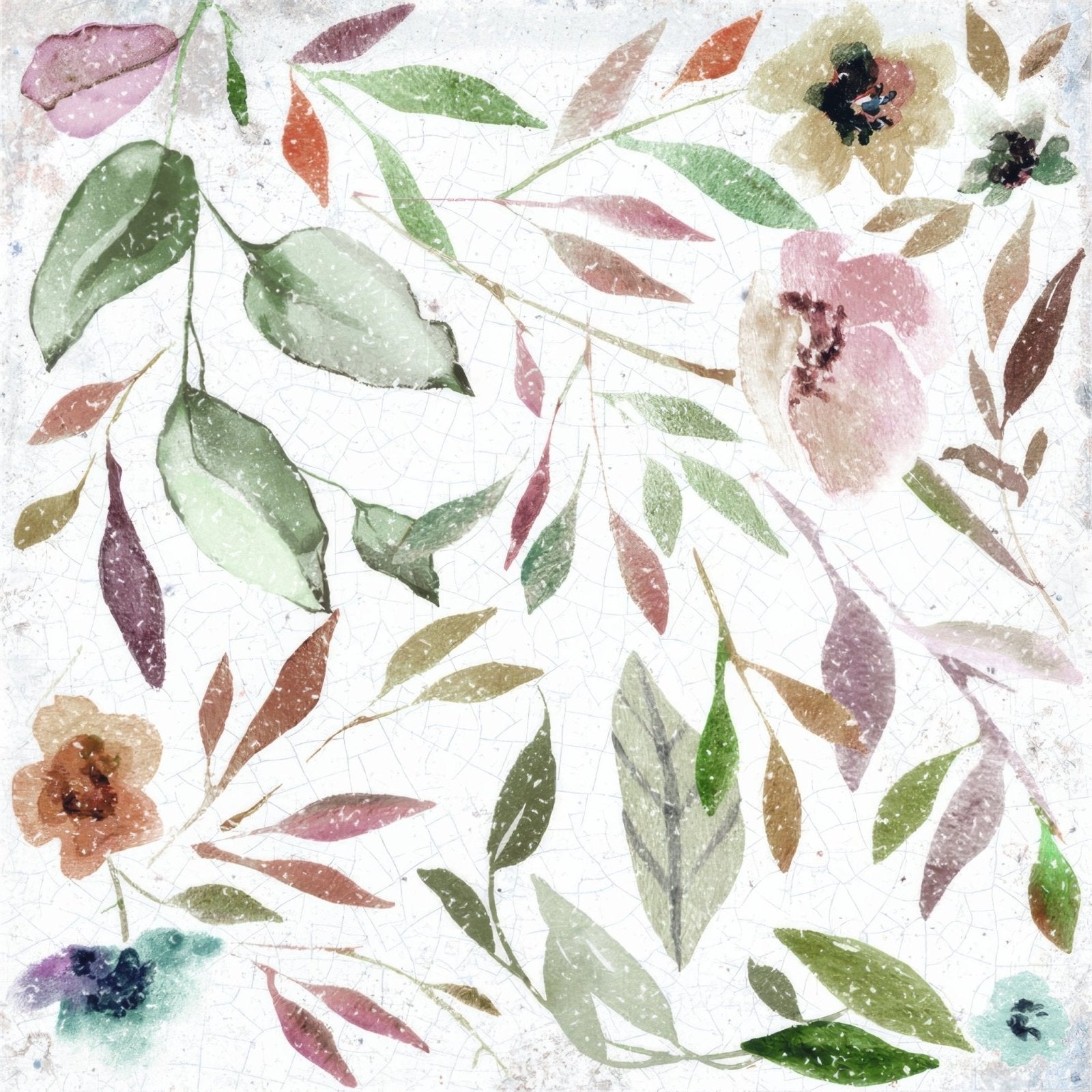 Sakura Gardens watercolor floral pattern with soft pastel blossoms and green leaves on textured cracked white background