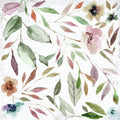 Sakura Gardens watercolor floral pattern with soft pastel blossoms and green leaves on textured cracked white background