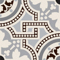 Gray and cream patterned tile salisbury black on dover white with intricate geometric and floral designs and dark brown borders