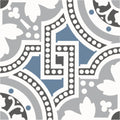 Ornate gray and blue tile with white decorative borders in salisbury blue on dover white design