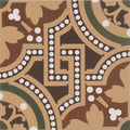 Brown and beige ornate tile salisbury green on buff with green accents and white dotted geometric pattern