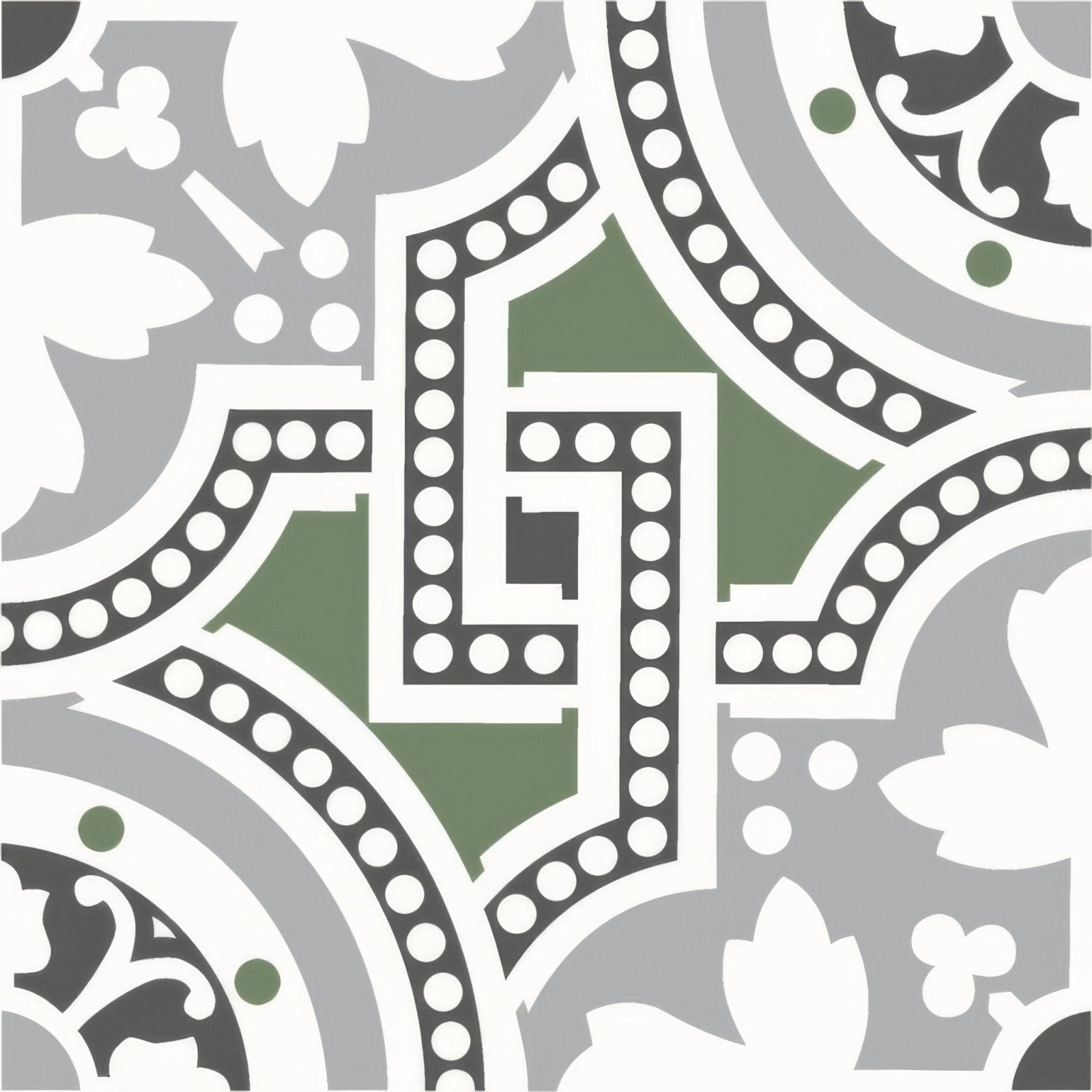 Gray and green geometric tile with white accents and dotted borders from salisbury green on dover white collection