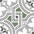 Gray and green geometric tile with white accents and dotted borders from salisbury green on dover white collection