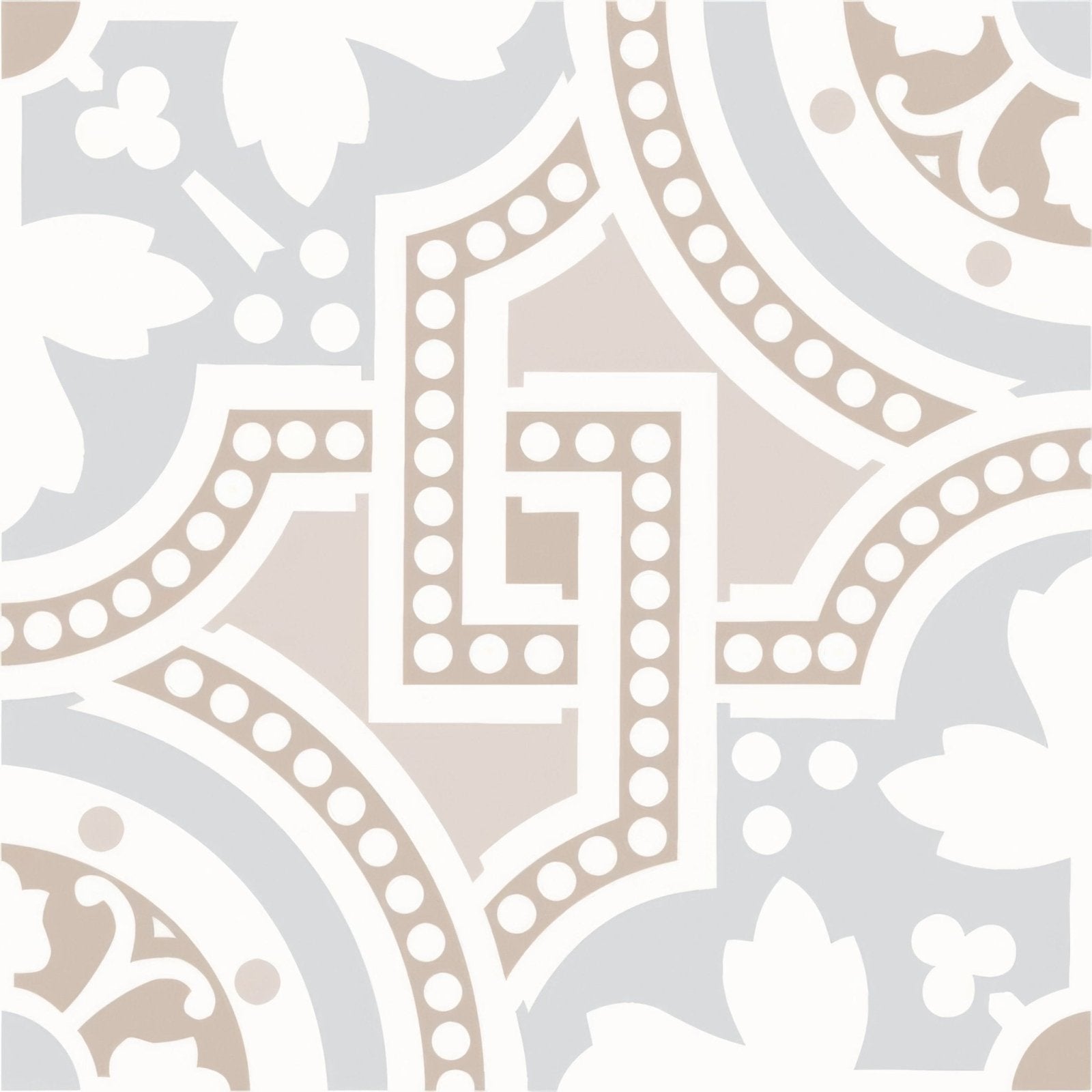 Beige and white ornate tile with a geometric floral pattern in salisbury taupe on dover white for decorative use