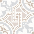 Beige and white ornate tile with a geometric floral pattern in salisbury taupe on dover white for decorative use