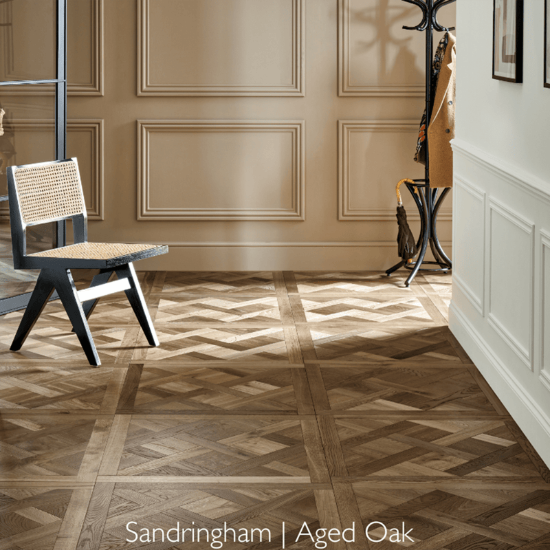 Sandringham aged oak parquet flooring in a herringbone pattern with an aged oak finish and natural wood texture
