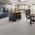 Sanford white matt porcelain floor tiles with white marble effect and subtle gray veining for elegant interiors