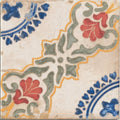 Vintage sardinia porcelain dragonetti ceramic tile with hand-painted red blue green and yellow floral motifs on off-white