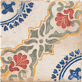A sardinia porcelain dragonetti vintage-style ceramic tile with red blue green and yellow floral and geometric patterns