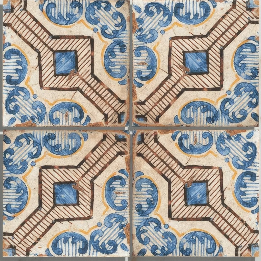Blue and brown patterned sardinia porcelain gioia tile with intricate geometric and floral ceramic designs