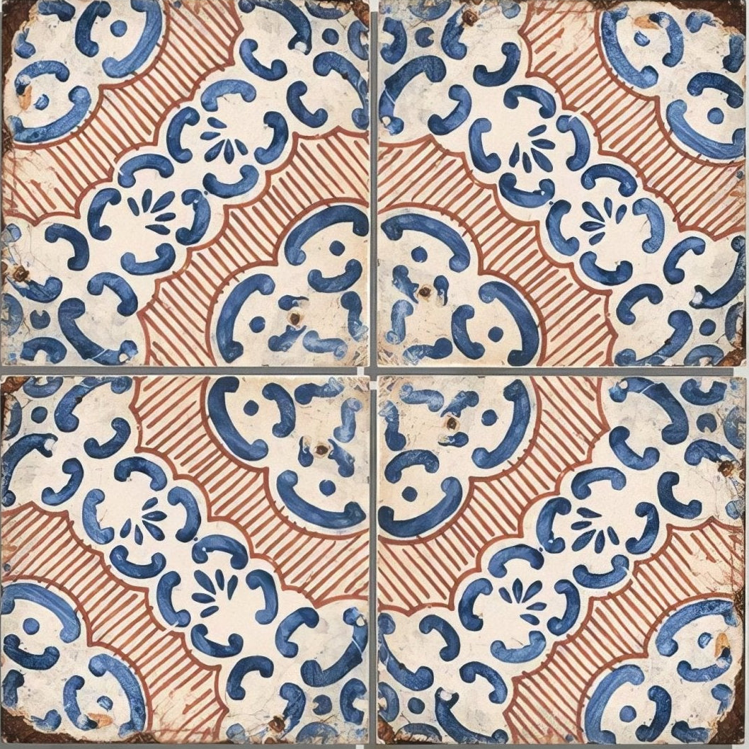 Vintage-style sardinia porcelain masseria ceramic tiles with intricate blue and terracotta floral patterns on cream background