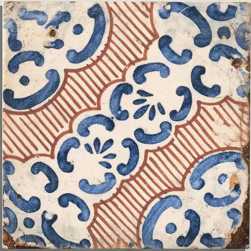Antique sardinia porcelain masseria ceramic tile with intricate blue and terracotta patterns on weathered off-white surface