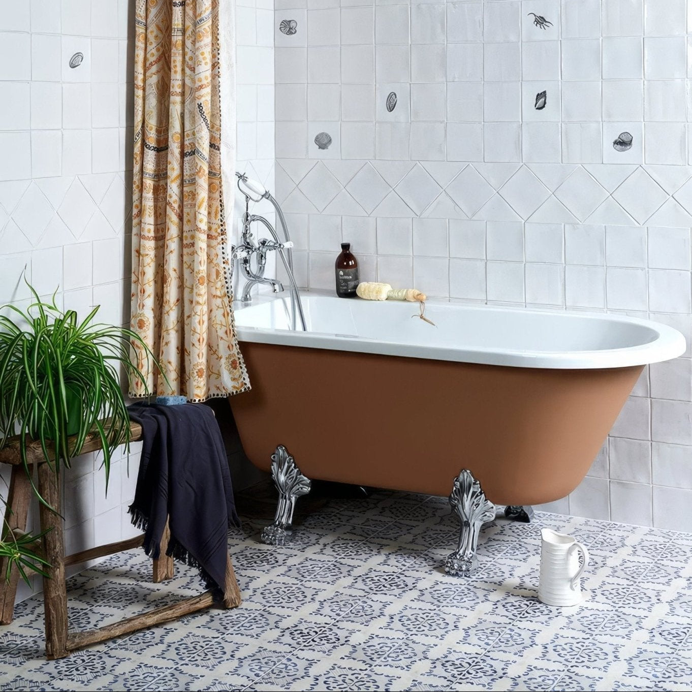Antique copper bathtub sardinia porcelain tarricone with ornate silver claw feet and white porcelain rim
