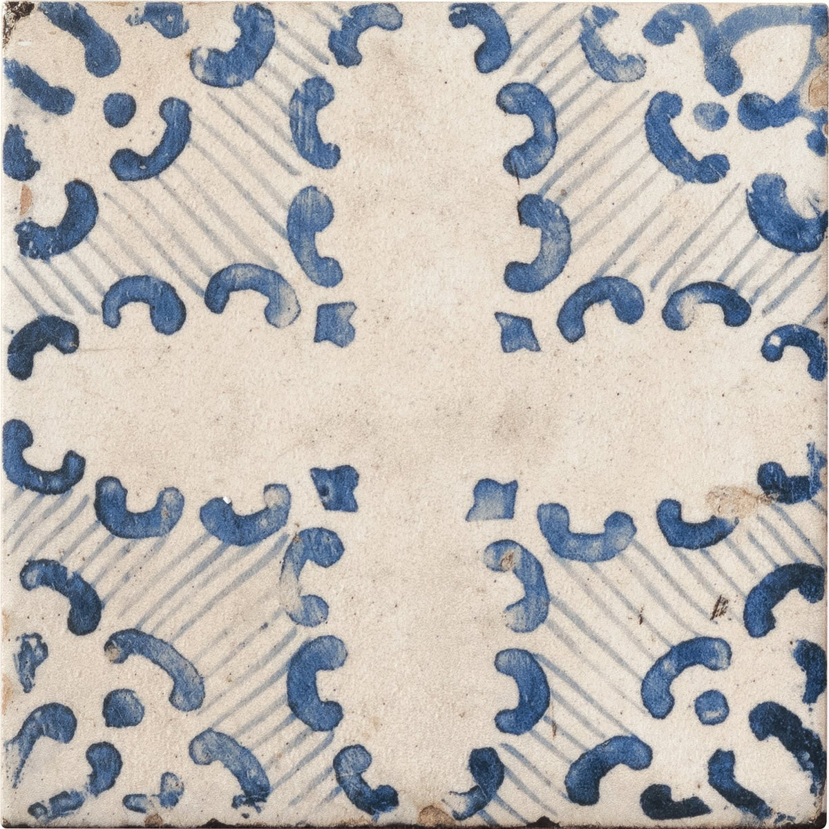Antique blue and white sardinia porcelain tarricone tile with hand-painted curved ceramic motifs
