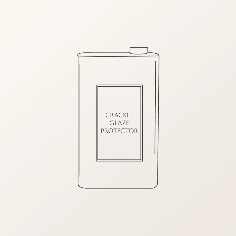 A minimalist line drawing of a rectangular can labeled crackle glaze protector from Sarsen Home with a simple cap