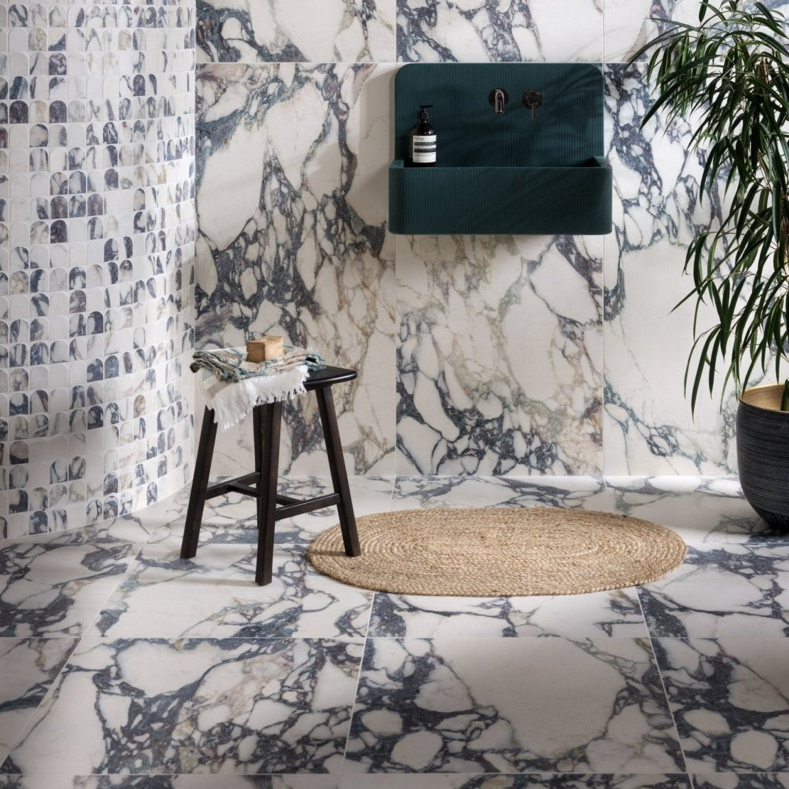 Dark green ribbed wall-mounted porcelain matt sink with sleek modern design from savoy novo arch mosaic collection
