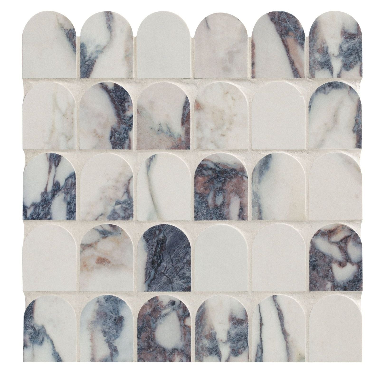 Savoy novo porcelain matt arch mosaic tile with arched white base and swirling gray black and subtle brown veining