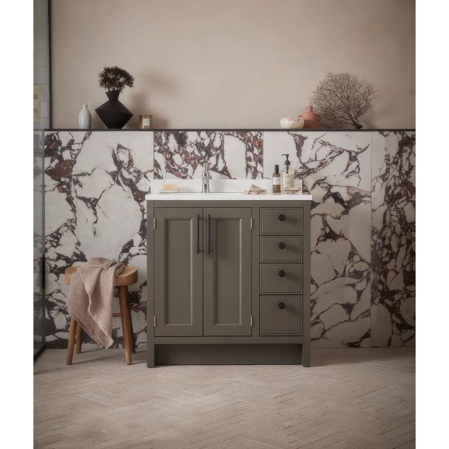 Savoy Porcelain white marble-effect tiles with a grey vanity and marble backsplash