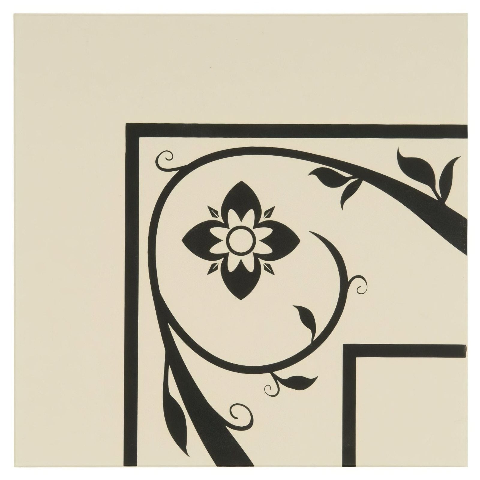 Black floral and vine wall decal saxon corner black on white with a central stylized flower design for home decor
