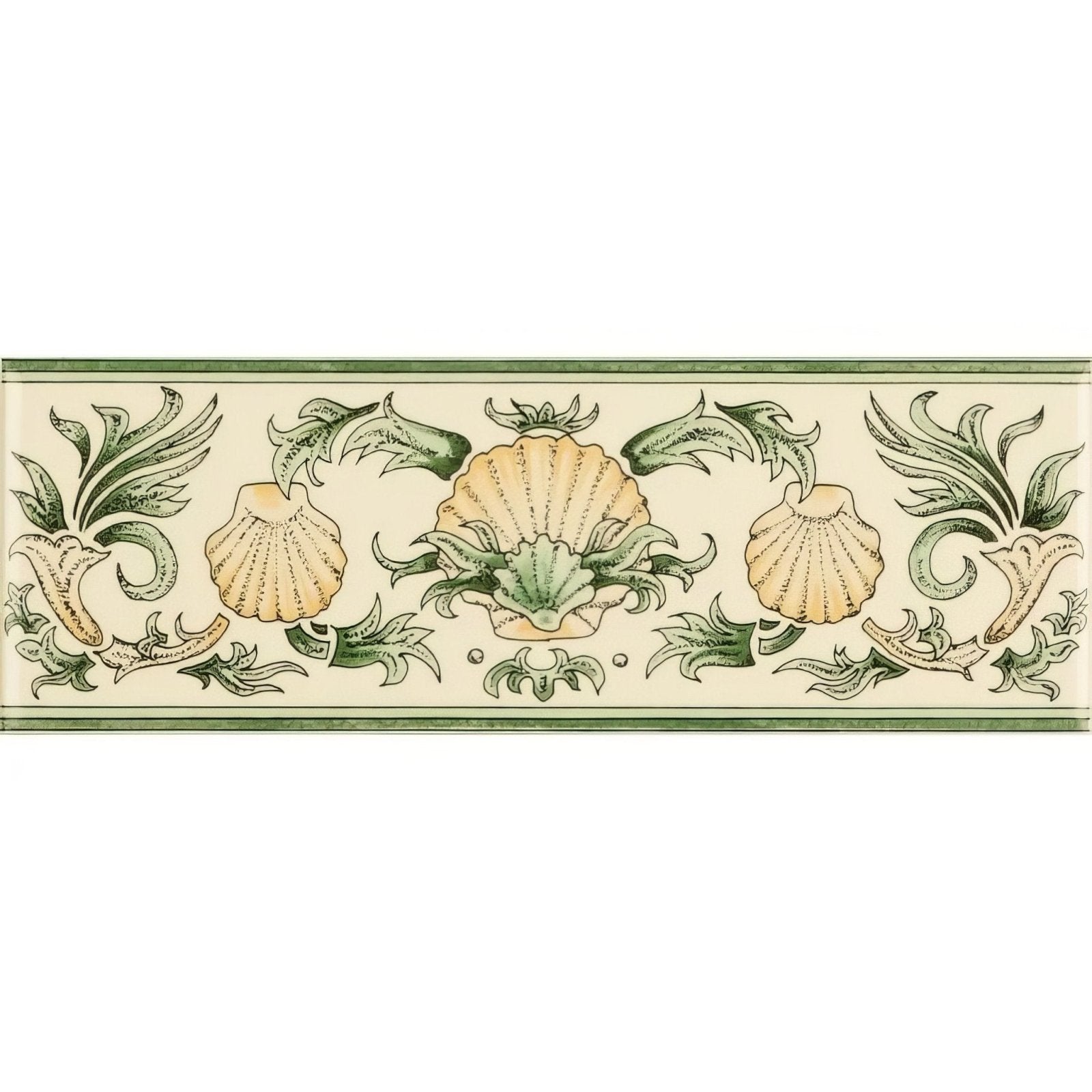 Scallop Shells Green & Buff Classical Decorative Border on County White
