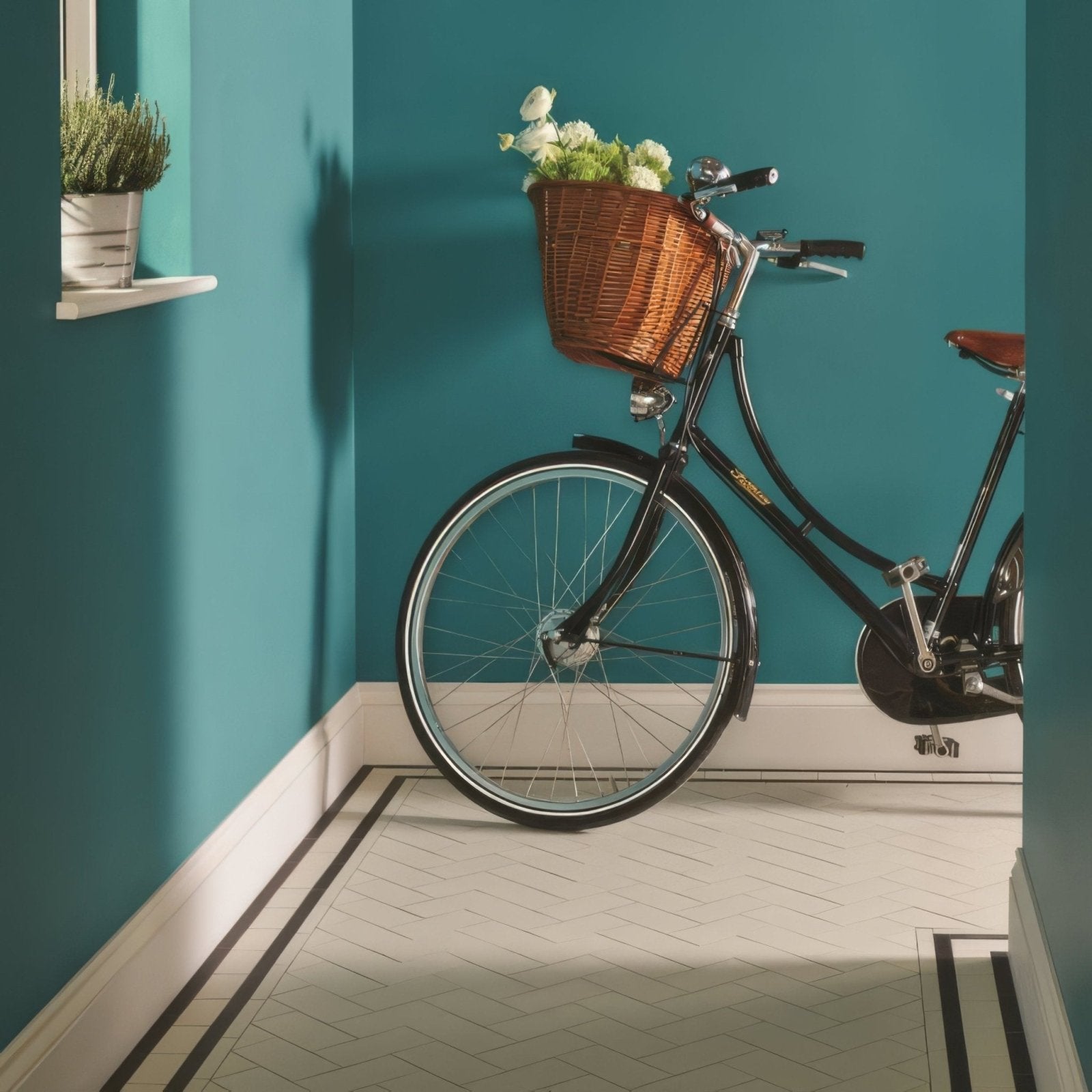 Scarborough Dover White black bicycle with woven wicker basket filled with white flowers on front