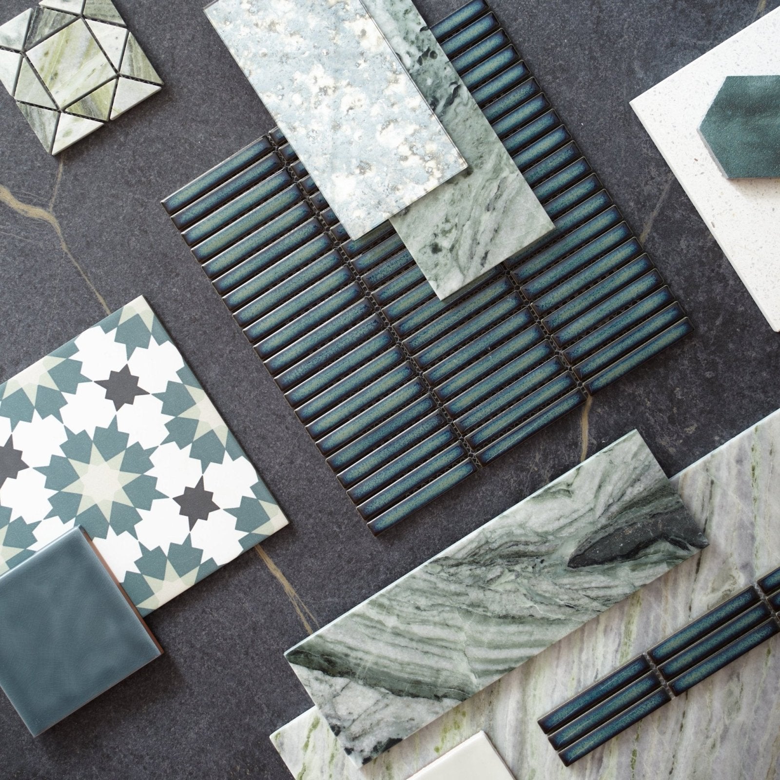Seaspray green marble tile 10 x 30cm with teal and white geometric starburst pattern for decorative use