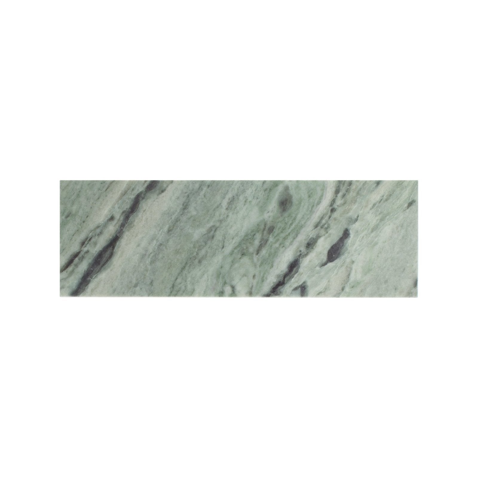 Seaspray green marble tile 10 x 30cm with rectangular shape and swirling dark veining on a green marble surface